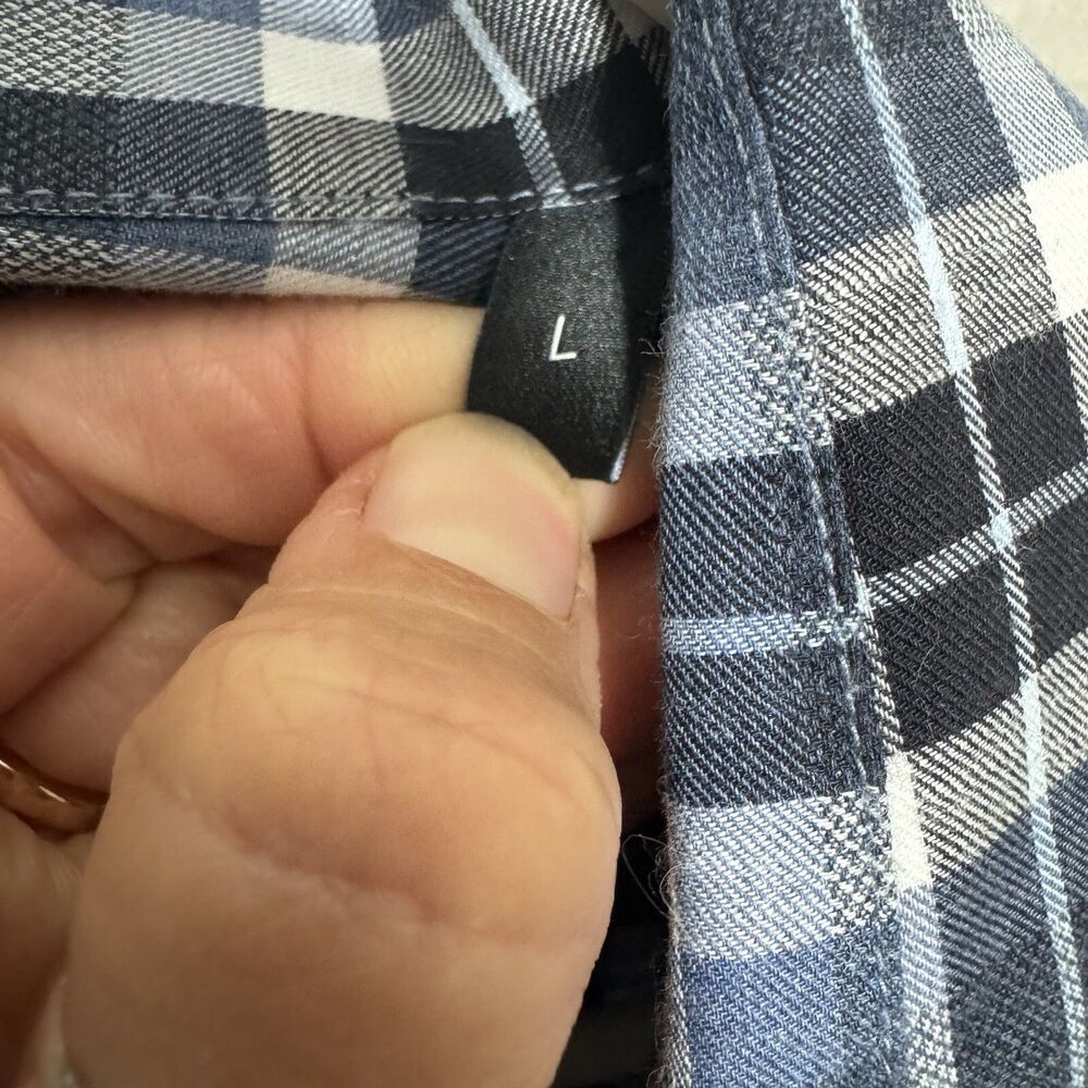Theory Mens Plaid Button Up Shirt Sz Large Cotton Blue Black White Long Sleeve - Picture 4 of 5